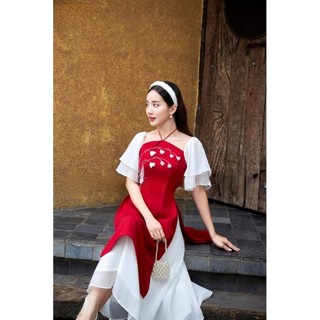Áo dài nữ💝FREESHIP💝 Áo dài cách tân kèm chân váy cổ yếm tay bèo trắng
