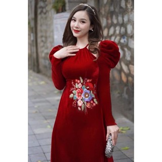 Áo dài đẹp💝FREESHIP💝 Áo dài nữ nhung cổ yếm màu đỏ tay bồng dài tay cực đẹp