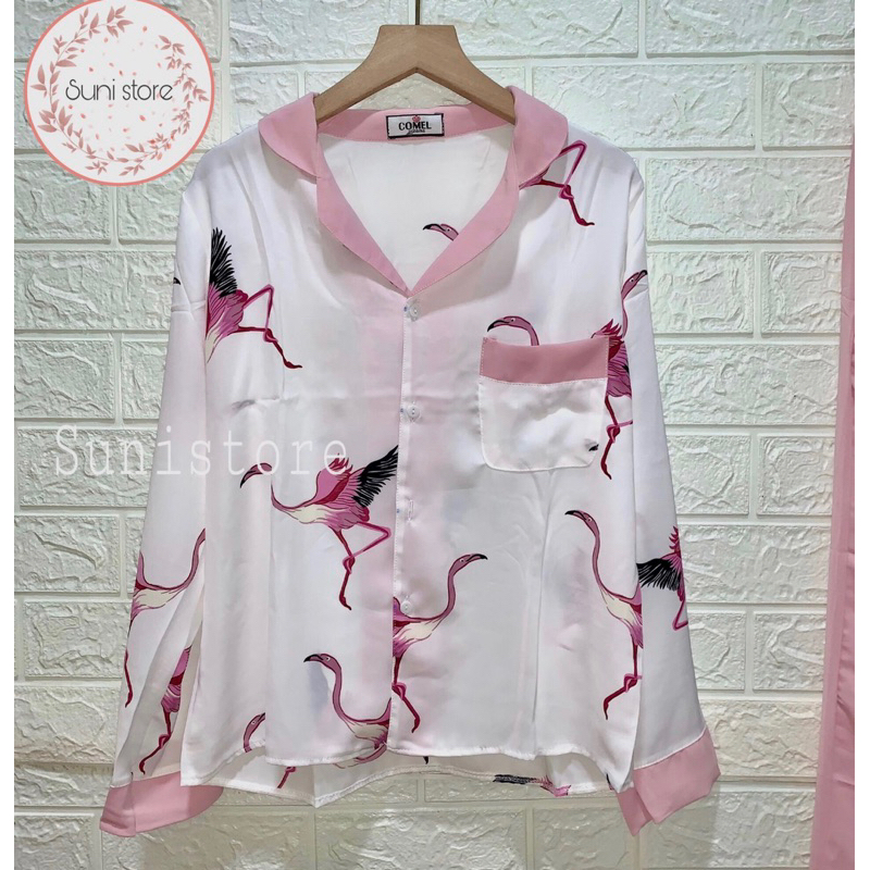 Pijama lụa dài tay mango hoạ tiết chim hạc hồng có ảnh thật phối sang chảnh