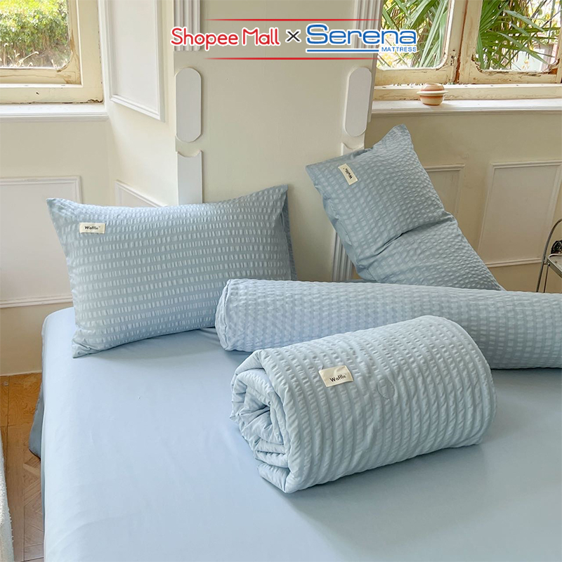 Bộ Ga Giường 5 Món Cotton Tici nhún SERENA Chính Hãng Bộ Vỏ Chăn Ra Drap Gối Đệm Nệm Trải Phủ Bọc Giường Trần Bông Đẹp