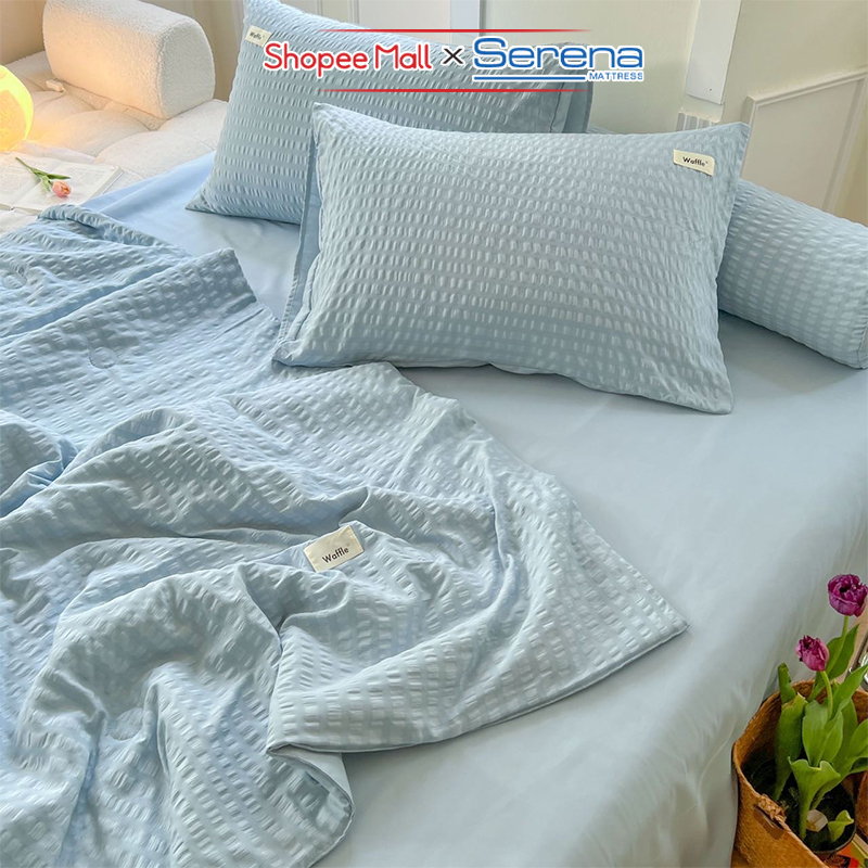 Bộ Ga Giường 5 Món Cotton Tici nhún SERENA Chính Hãng Bộ Vỏ Chăn Ra Drap Gối Đệm Nệm Trải Phủ Bọc Giường Trần Bông Đẹp