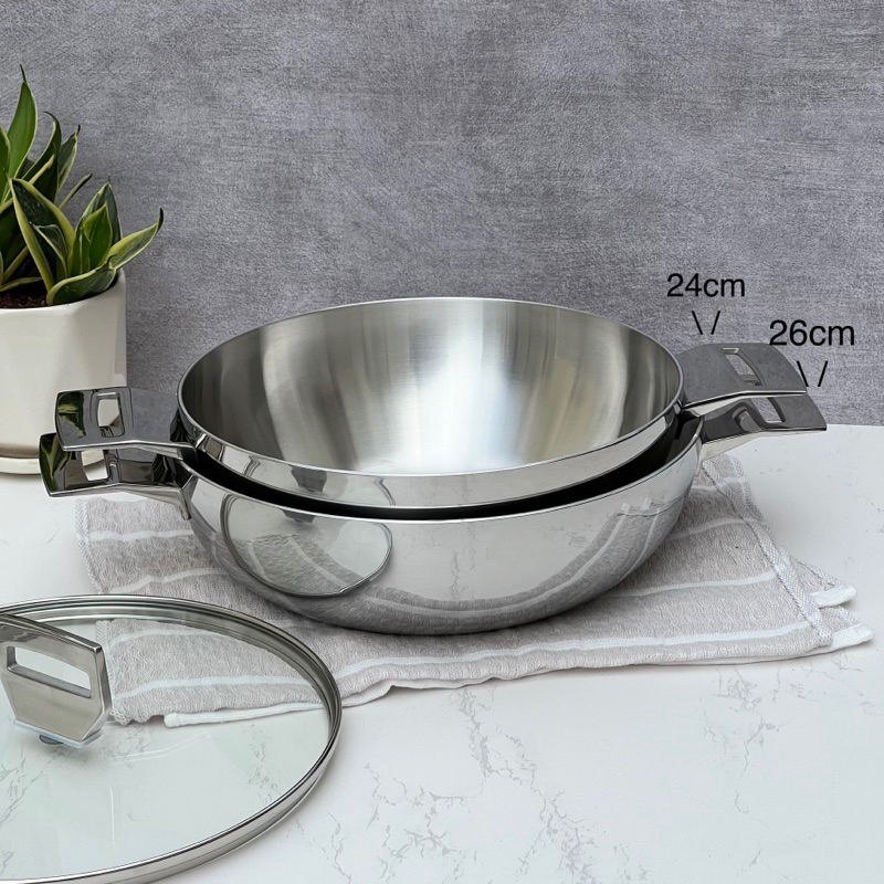 Chảo đúc inox sâu lòng Kaiyo, 2 quai, chảo lẩu có vung kính siêu xịn, nồi lẩu inox - Hàng chính hãng