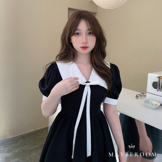 Váy đen phối cổ sơ mi nơ trắng dáng ngắn tay bồng đáng yêu Kyla dress Mayberoom