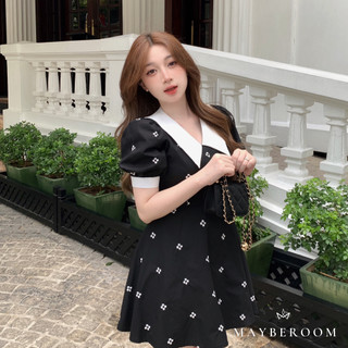 Váy đen thô lạnh hoa nhí phối cổ sơ mi trắng dáng ngắn tay bồng tiểu thư Darling Folwer dress Mayberoom