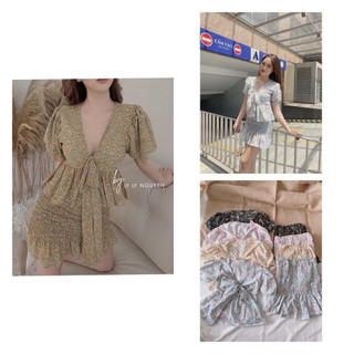 Set áo hoa cột nơ kèm chân váy nhún xinh xinh