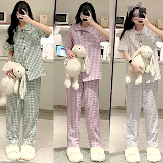 Bộ đồ mặc nhà quần dài kẻ phom rộng phong cách HQ thoải mái mát dịu cho mùa hè thu Thanh Hà Pyjamas