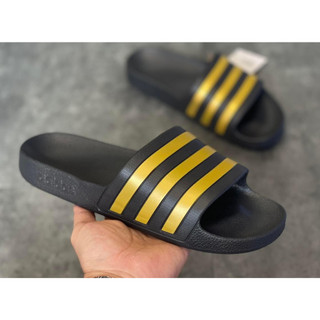 Chính hãng] dép đúc quai ngang adidas adilette aqua slide màu đen sọc vàng gold