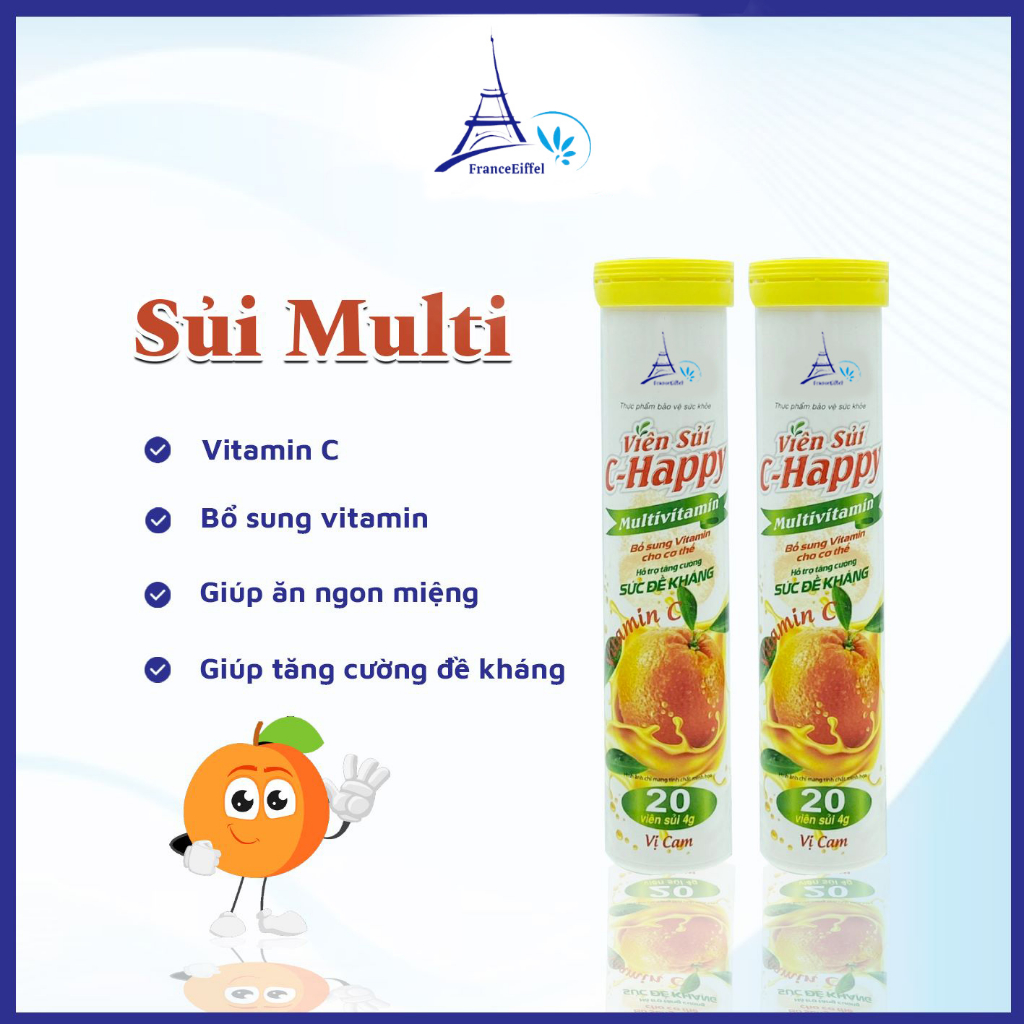 Viên C Sủi Multi Bổ Sung Vitamin C Cho Cơ Thể Vị Cam - FranceEiffel Lọ 20 viên