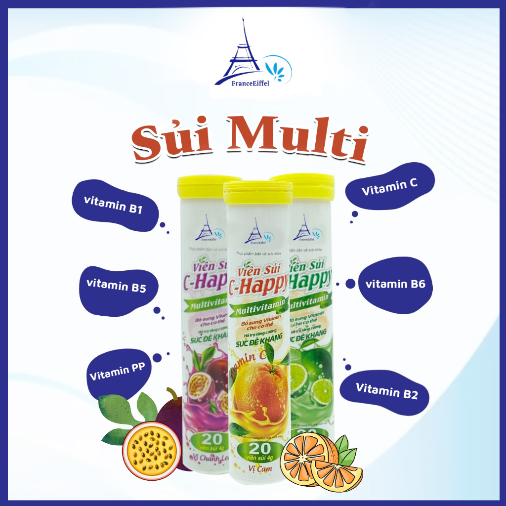 Viên C Sủi Multi Bổ Sung Vitamin C Cho Cơ Thể Vị Cam - FranceEiffel Lọ 20 viên