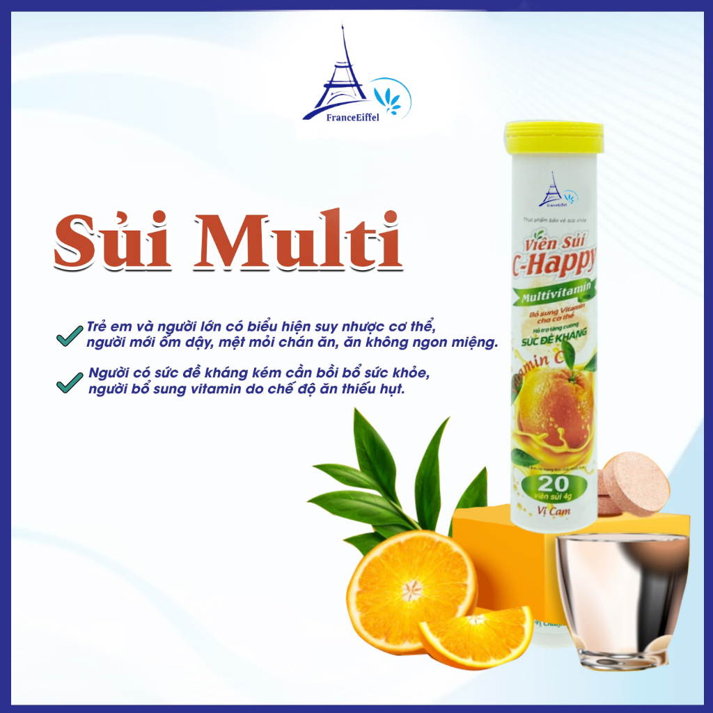 Viên C Sủi Multi Bổ Sung Vitamin C Cho Cơ Thể Vị Cam - FranceEiffel Lọ 20 viên