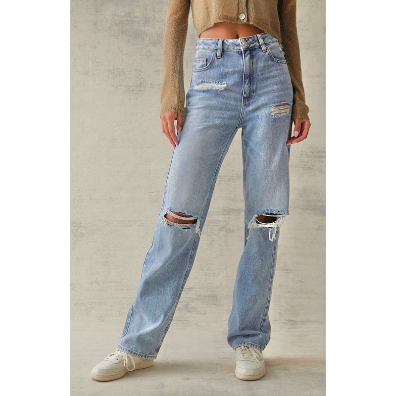 Quần Jeans Bò Nữ Lưng Cao Ống Rộng Rách Gối Cào Nhẹ Wash Bạc PACSUN Hàng Xuất Xịn Cao Cấp Chất Mát Mịn Đẹp