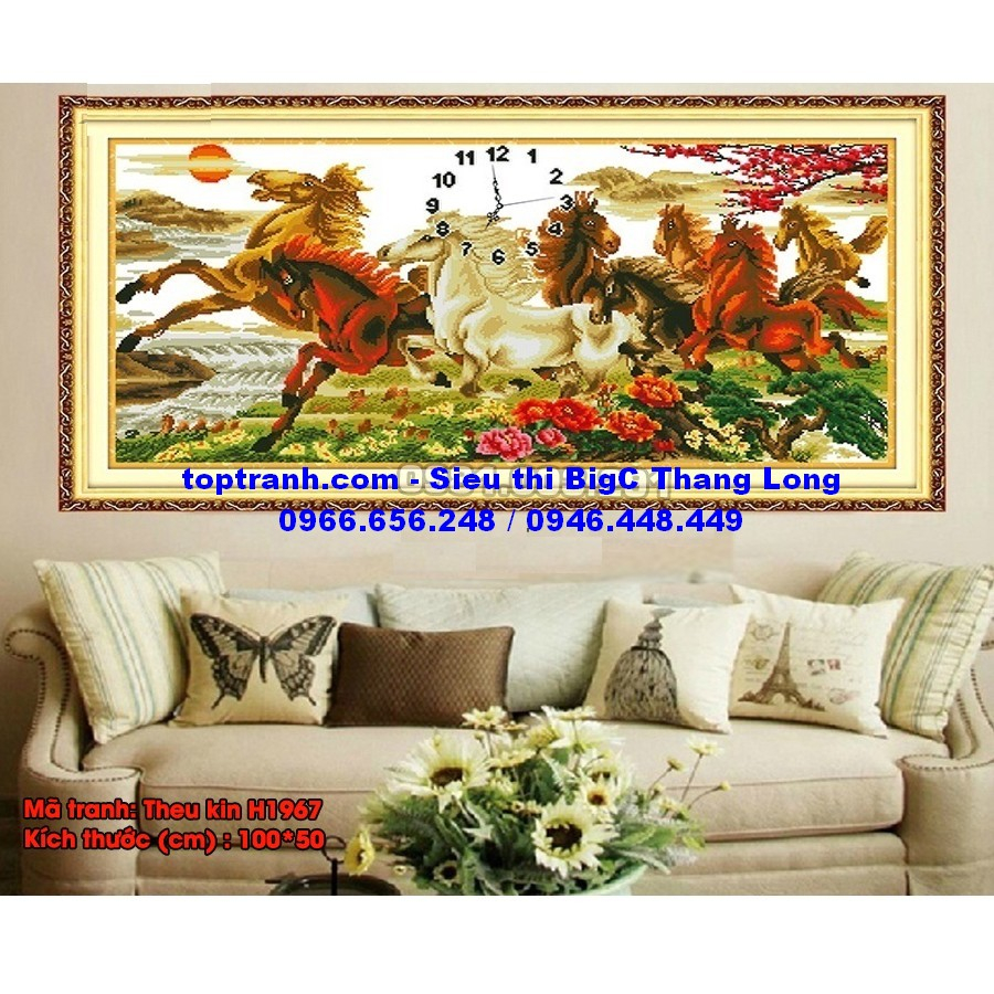 Tranh thêu chữ thập đồng hồ 8 con ngựa mã đáo thành công H1967 chưa thêu