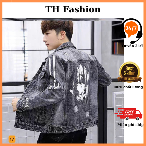 Áo khoác bò nam màu xám in hình bàn tay chất jeans dày dặn phong cách trẻ trung