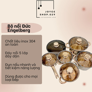 Bộ nồi Đức Engelberg vung kính 6 món 12 chi tiết inox 5 đáy dày dặn, bộ nồi inox không gỉ tráng men vàng CHỊU LỰC