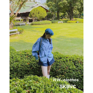 Áo sơ mi kẻ bèo vạt chéo hot girl