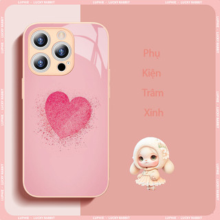 Ốp Điện Thoại Hồng Mặt Kính Cường Trái Tim Bay Bay Cho iPhone 11 12 13 14 Pro MAX Plus X XR XS MAX 7 8 Plus kx1527