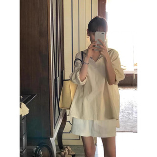 Aó sơ mi kiểu nữ vintage tay dài freesize , aó sơ mi cổ thủy thủ phối viền xinh xắn+ quần short phom rộng.
