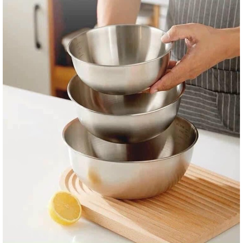 SET 3 THAU TRỘN INOX Set 3 âu trộn inox, set 3 bát inox to để trộn salad, ướp thịt, trộn bột làm bánh, đựng cơm canh
