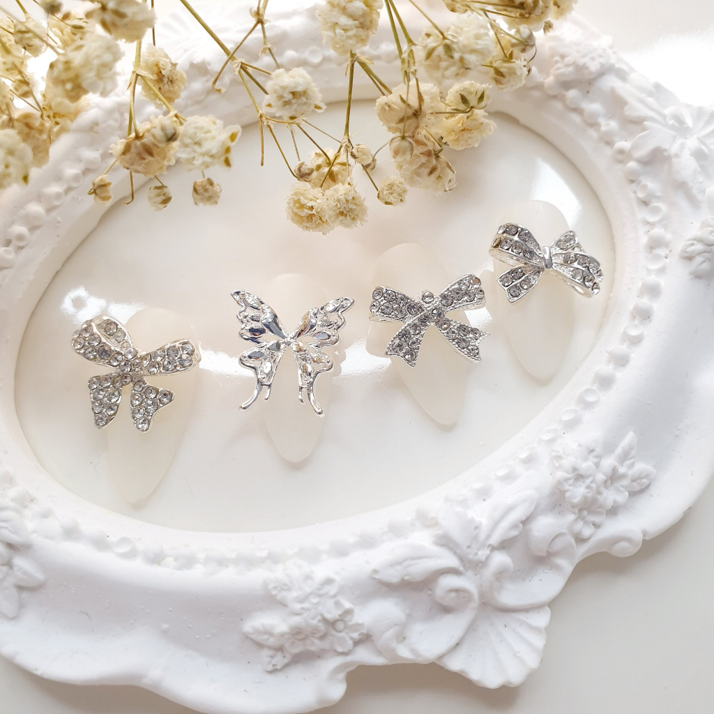 Charm bạc charm thỏ bạc charm nơ bạc bươm' bạc  charm nail charm đá gắn móng tay móng chân Xoài Nail_Bảng 1