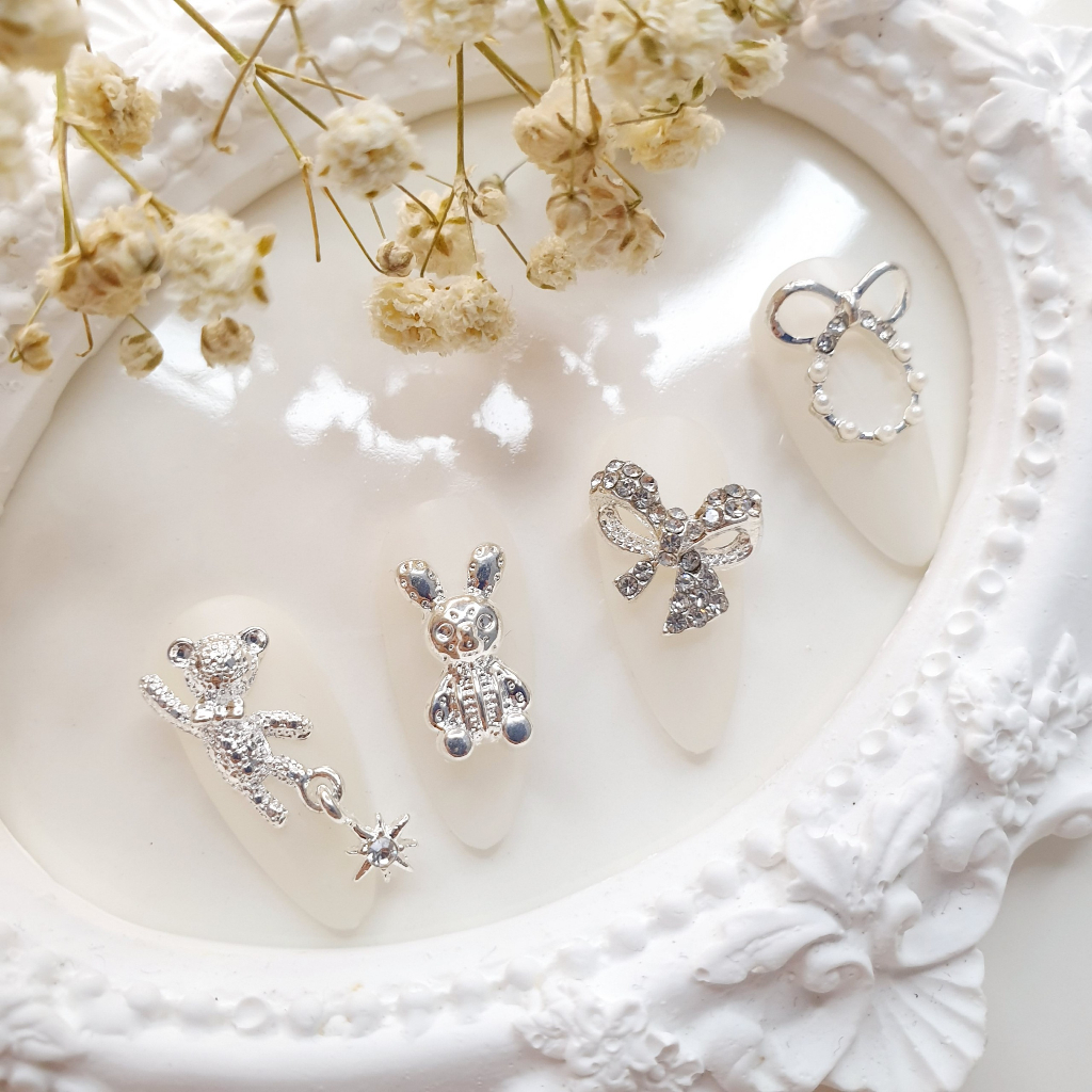 Charm bạc charm thỏ bạc charm nơ bạc bươm' bạc  charm nail charm đá gắn móng tay móng chân Xoài Nail_Bảng 1