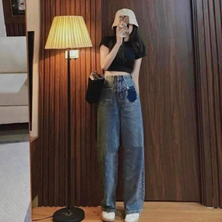Quần Jean Ống Suông Tháo Túi Trái Cạp Cao Leda Nữ Quần Bò Nấm Lùn Túi Kiểu
