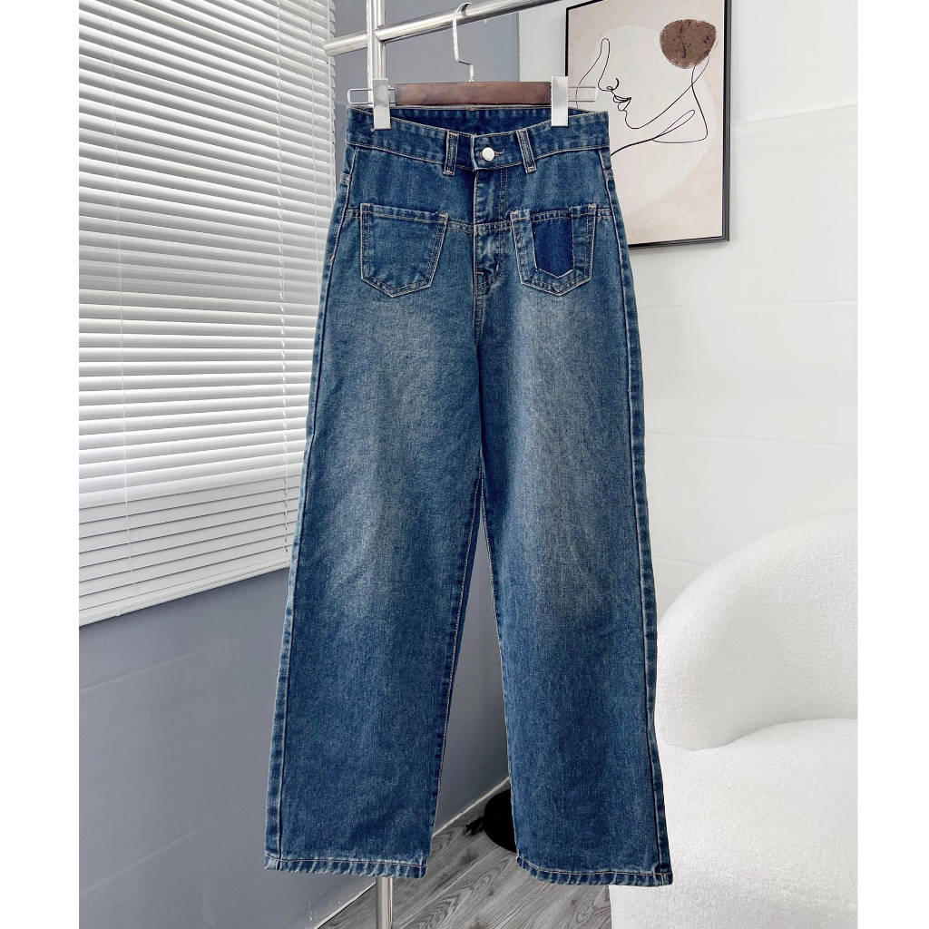 Quần Jean Ống Suông Tháo Túi Trái Cạp Cao