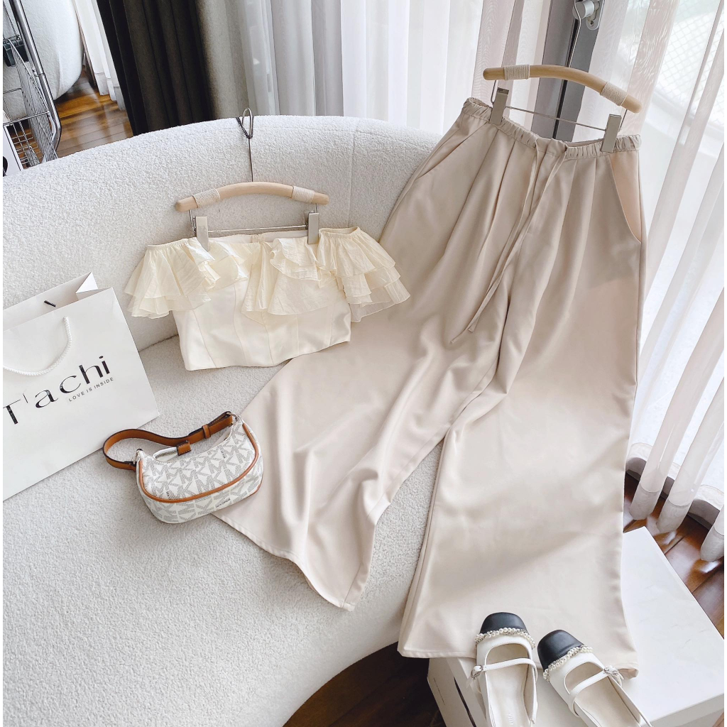 SET ÁO CROPTOP VOAN NUDE TRỄ VAI BÈO + QUẦN SUÔNG DÂY RÚT