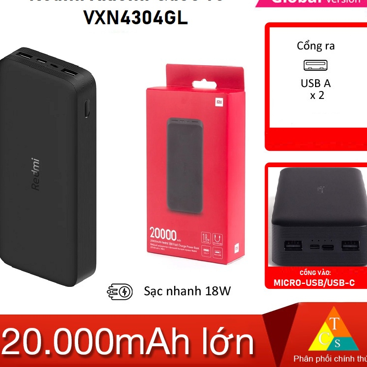 Pin dự phòng 20000mAh Redmi XM (Đen) Quốc Tế VXN4304GL