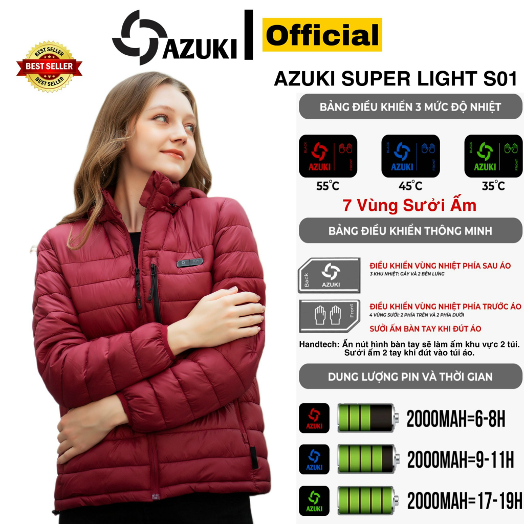 Bộ áo sưởi ấm AZUKI S01 Super light Pin 20000mah Mẫu Mới Nhất