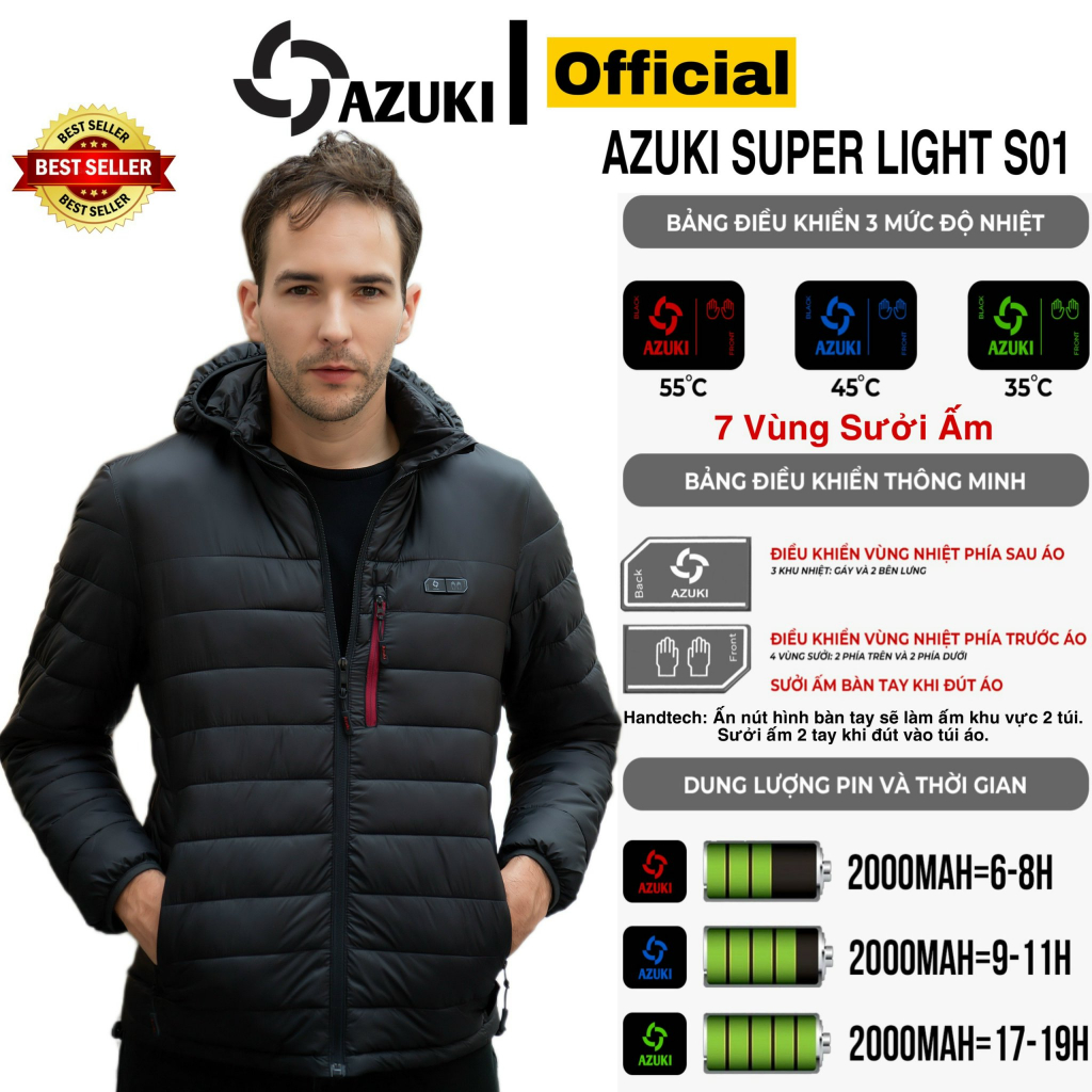 Bộ áo sưởi ấm AZUKI S01 Super light Pin 20000mah Mẫu Mới Nhất
