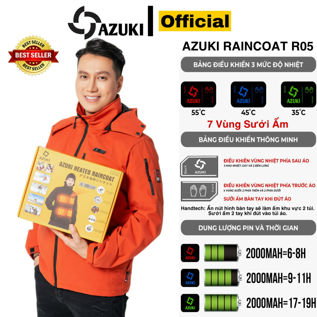 Áo Sưởi Ấm Azuki AZUKI R05 các màu Chạy Bằng Pin Chất Lượng Cao Cấp  BH 12 Tháng chính hãng