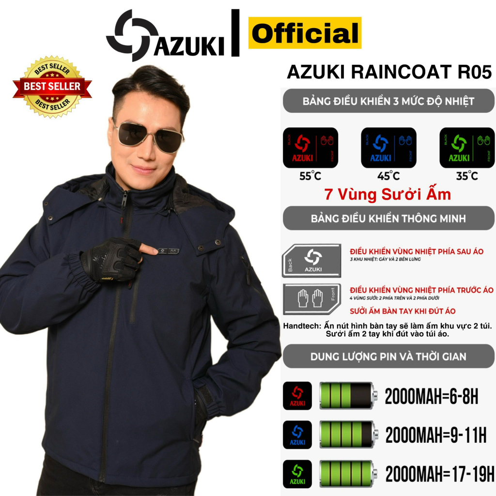 Áo Sưởi Ấm Azuki AZUKI R05 các màu Chạy Bằng Pin Chất Lượng Cao Cấp  BH 12 Tháng chính hãng