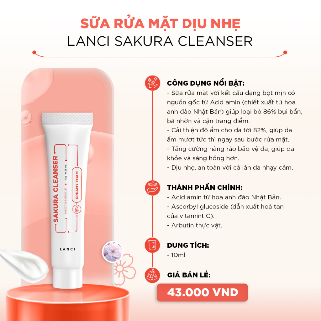 Minisize Sữa Rửa Mặt Dịu Nhẹ LANCI Sakura Cleanser 10ml