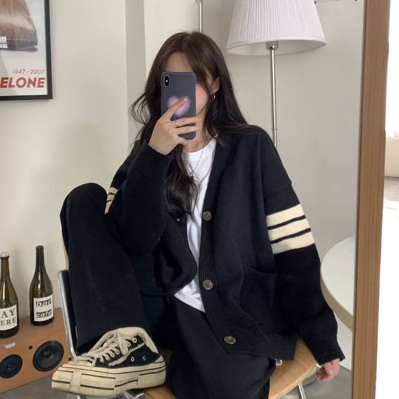 Áo khoác len cardigan trơn tay dài cổ tròn sọc kẻ form rộng chất mềm thời trang mùa thu ulzzang DELIZ