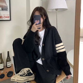  Áo khoác cardigan trơn tay dài phối 3 sọc viền chất nỉ cotton mềm phong cách Hàn Quoocsa 2024 