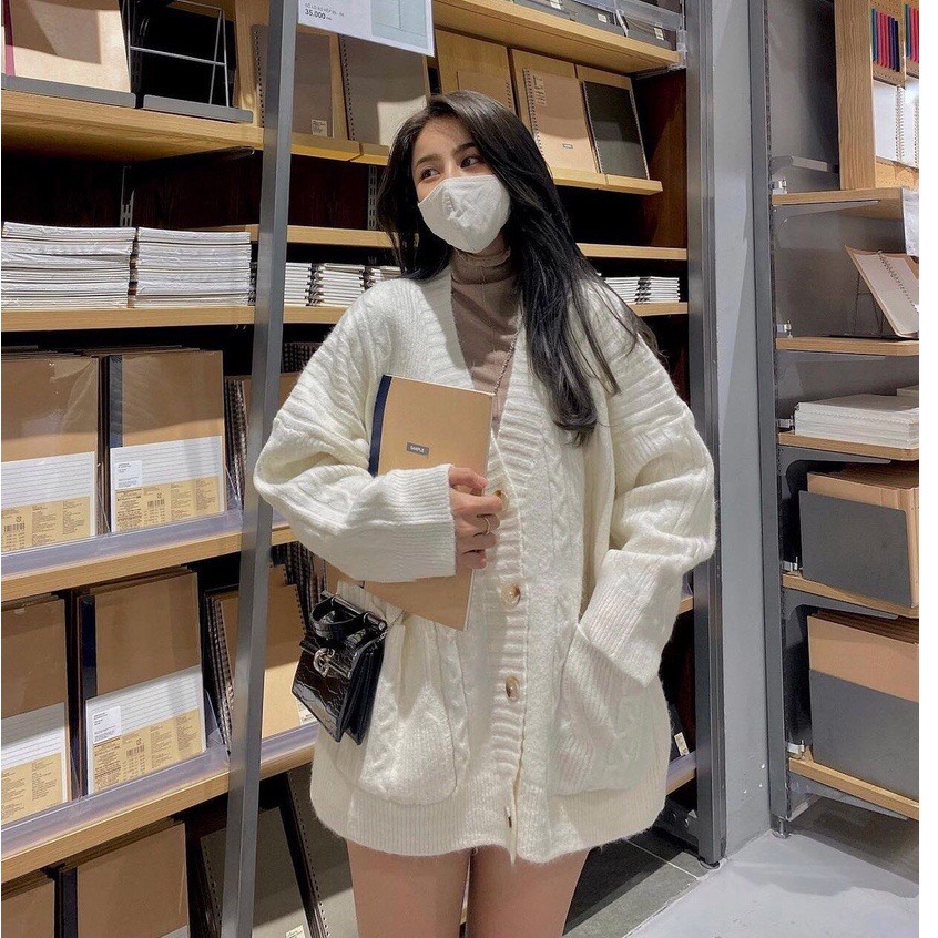 Áo khoác cardigan len cúc hoa dày dặn tay dày có túi oversize 2 màu đỏ trắng siêu hot mùa đông mặc đi chơi noel DELIZ