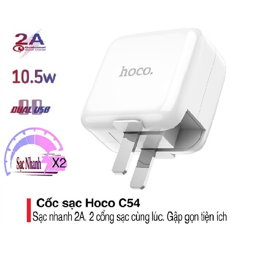 Củ Sạc HOCO C54 2A- 2 Cổng -Thiết kế Nắp gập - BẢO HÀNH CHÍNH HÃNG