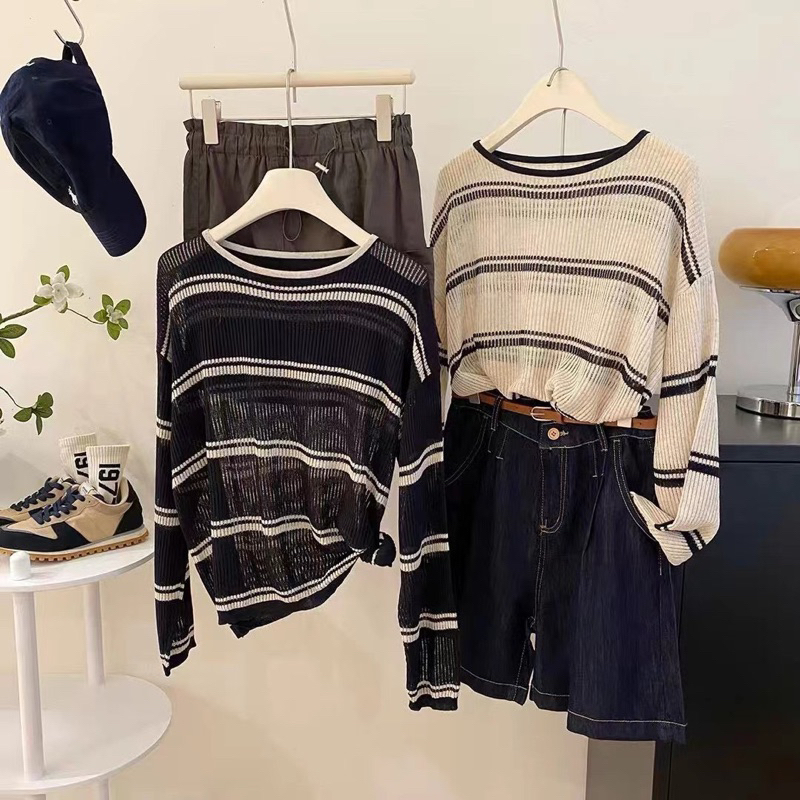 ÁO LEN KẺ LƯỚI DÀI TAY QC