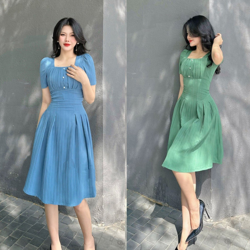 Váy Nữ Form Xòe Xếp Li Tôn Dáng Đính Ngọc Trắng