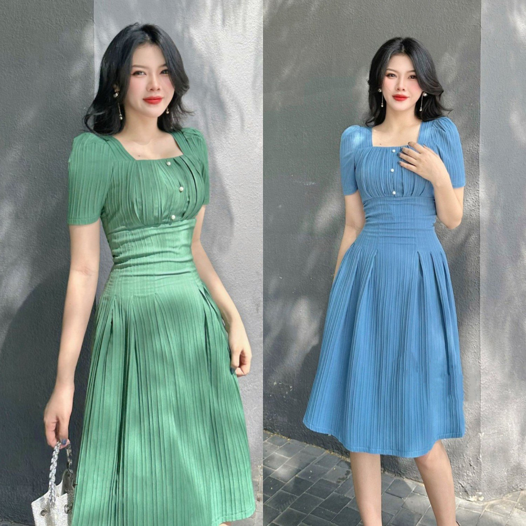 Váy Nữ Form Xòe Xếp Li Tôn Dáng Đính Ngọc Trắng