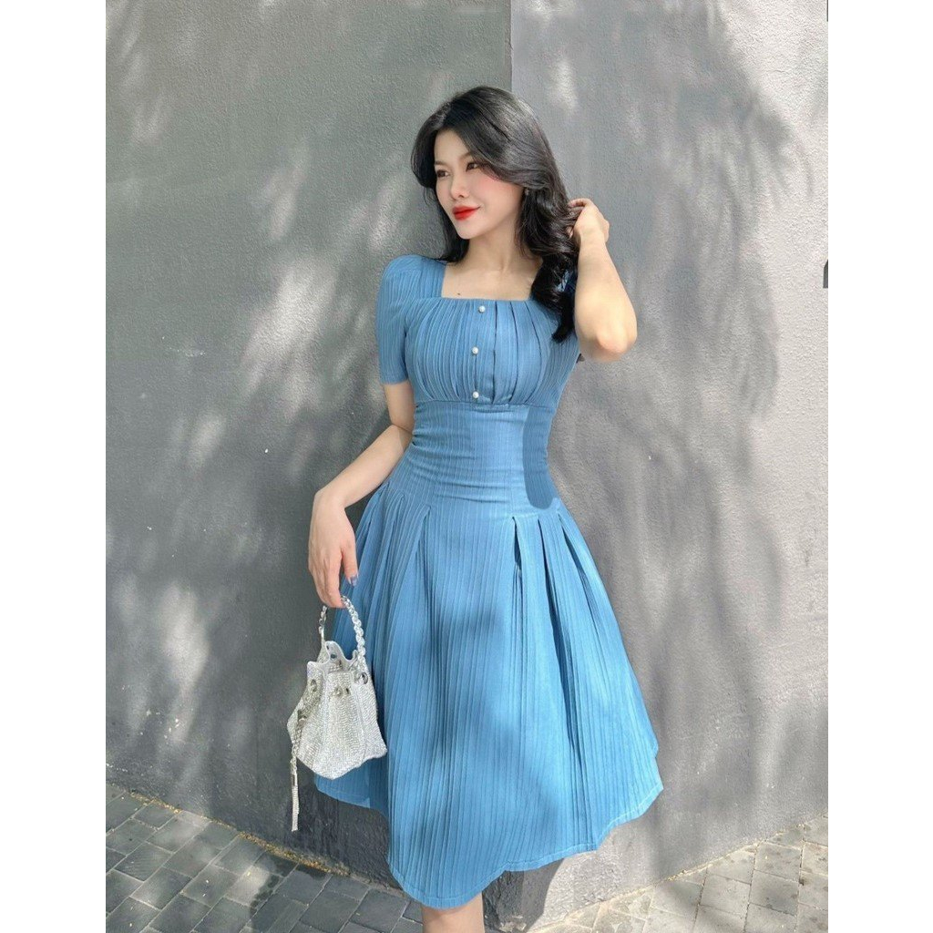 Váy Nữ Form Xòe Xếp Li Tôn Dáng Đính Ngọc Trắng