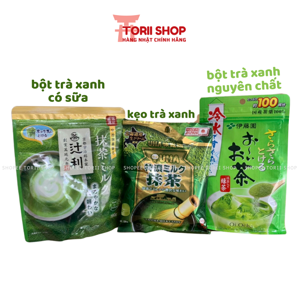 Bột trà xanh có sữa matcha milk, bột trà xanh nguyên chất và kẹo trà xanh nội địa Nhật Bản torii