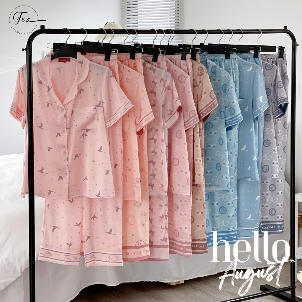 Bộ mặc nhà Pyjama lụa cao cấp Tea Store tay cộc quần dài họa tiết trám