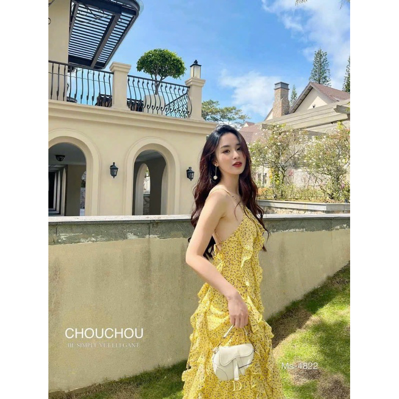 Đầm maxi hoa nhí cổ yếm phối voan cho nữ đi chơi dự tiệc sang chảnh cực sexy dịu dàng