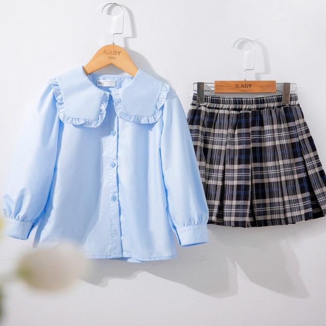 Áo sơ mi đi học dài tay bé gái ILABY cổ cách điệu lượn sóng chất liệu thô lụa cho bé 13-35kg