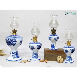 [HÀNG CAO CẤP] Đèn dầu cổ Việt Nam xưa gốm họa tiết Long Phụng xanh