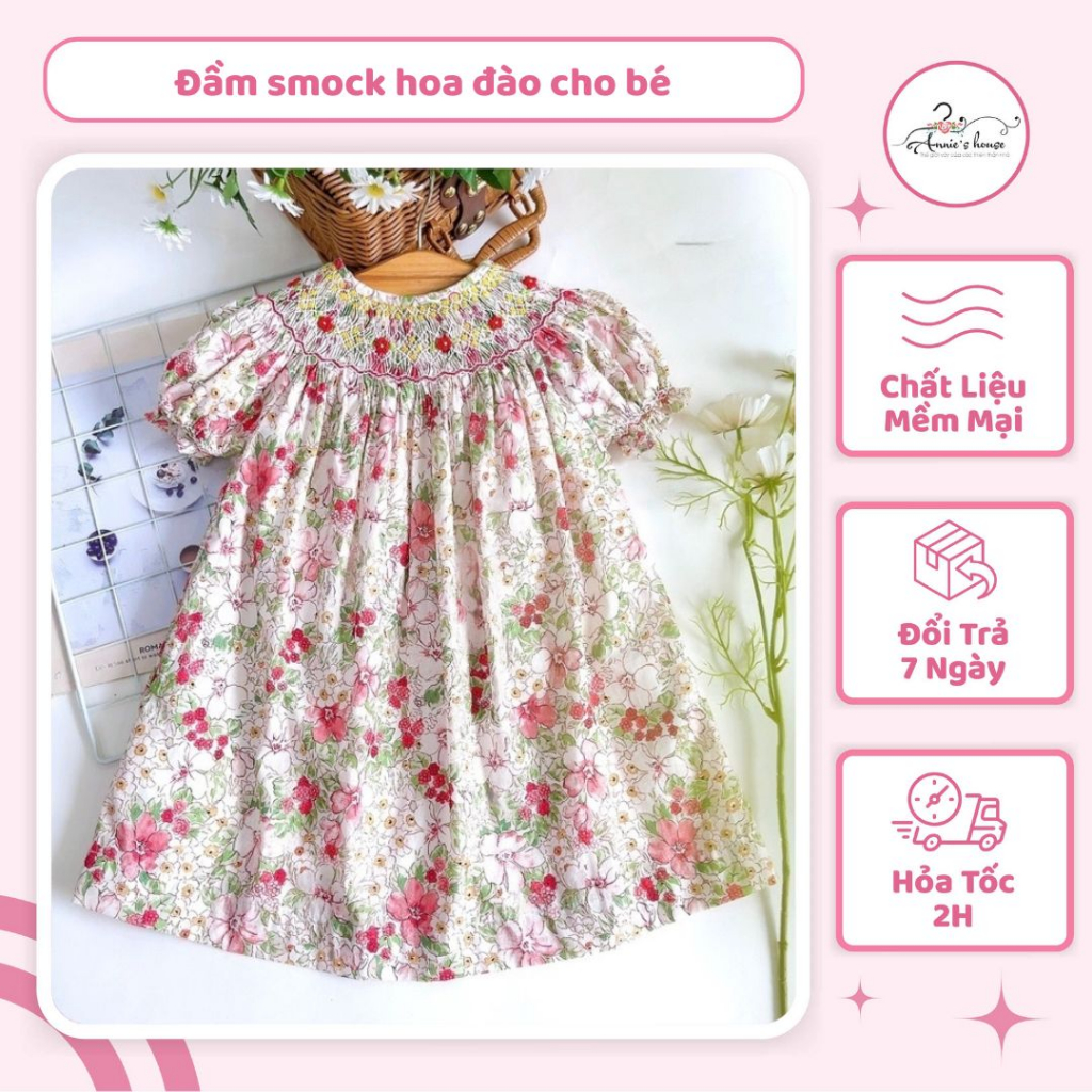 Váy bé gái Annie, đầm smock thêu tay họa tiết hoa đào kiểu tay bồng thời trang cho bé từ 11-33kg