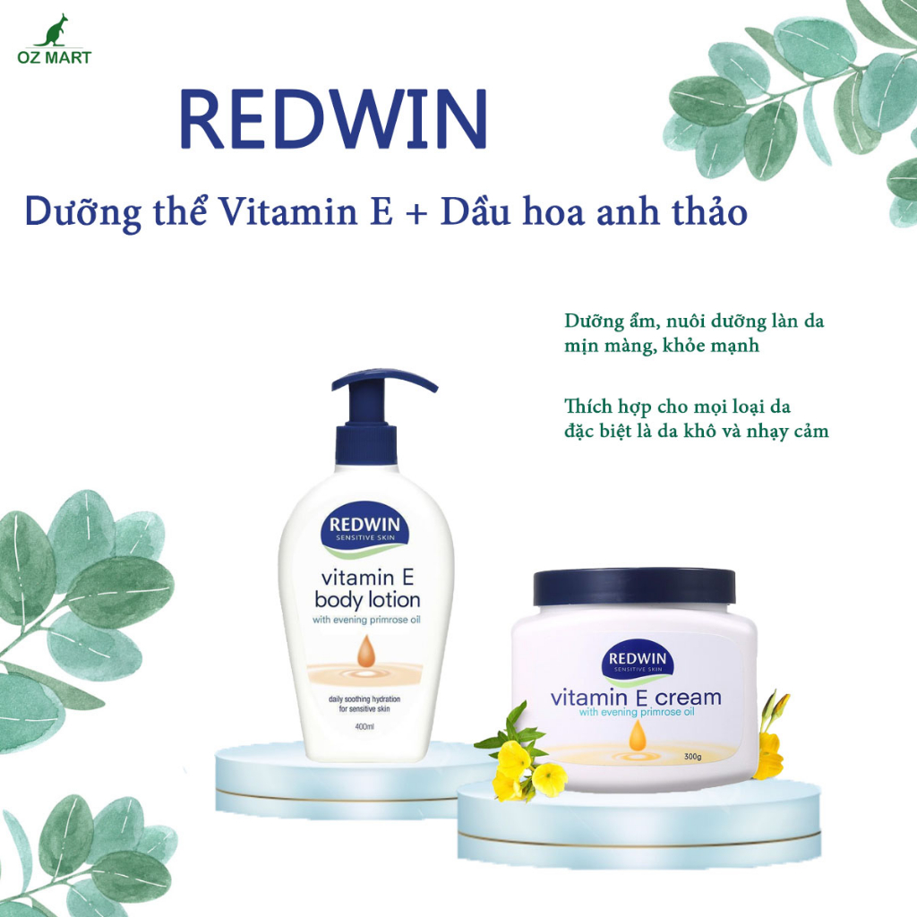 Sữa dưỡng thể REDWIN Sensitive Skin Sorbolene Moisturiser Vitamin E 1 lít dưỡng ẩm và làm sáng da toàn thân