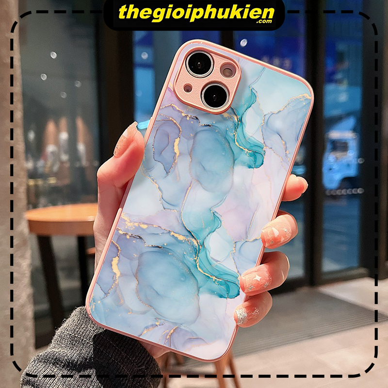 Ốp lưng iphone mặt kính viền hồng Họa tiết vân đá dành cho ip 6/7/8/plus/x/xr/xs/11/12/13/14/15/pro max - kx2003