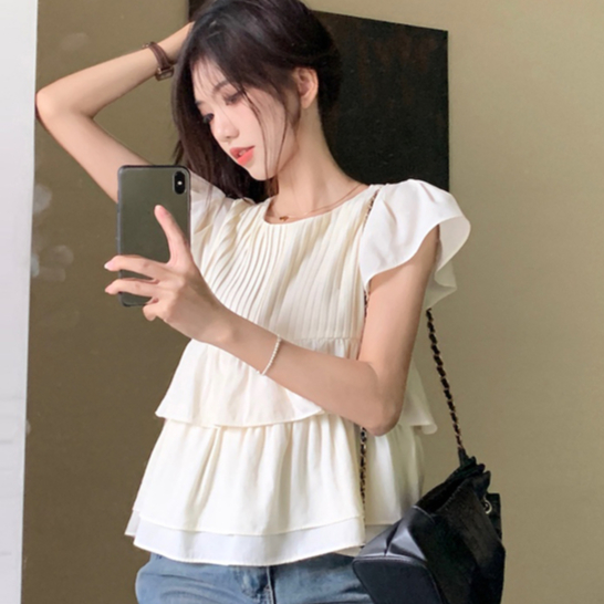 Áo sơ mi nữ tay ngắn cánh tiên thân tầng bánh bèo, sơ mi nữ kiểu thiết kế điệu đà form rộng hàn quốc 3082